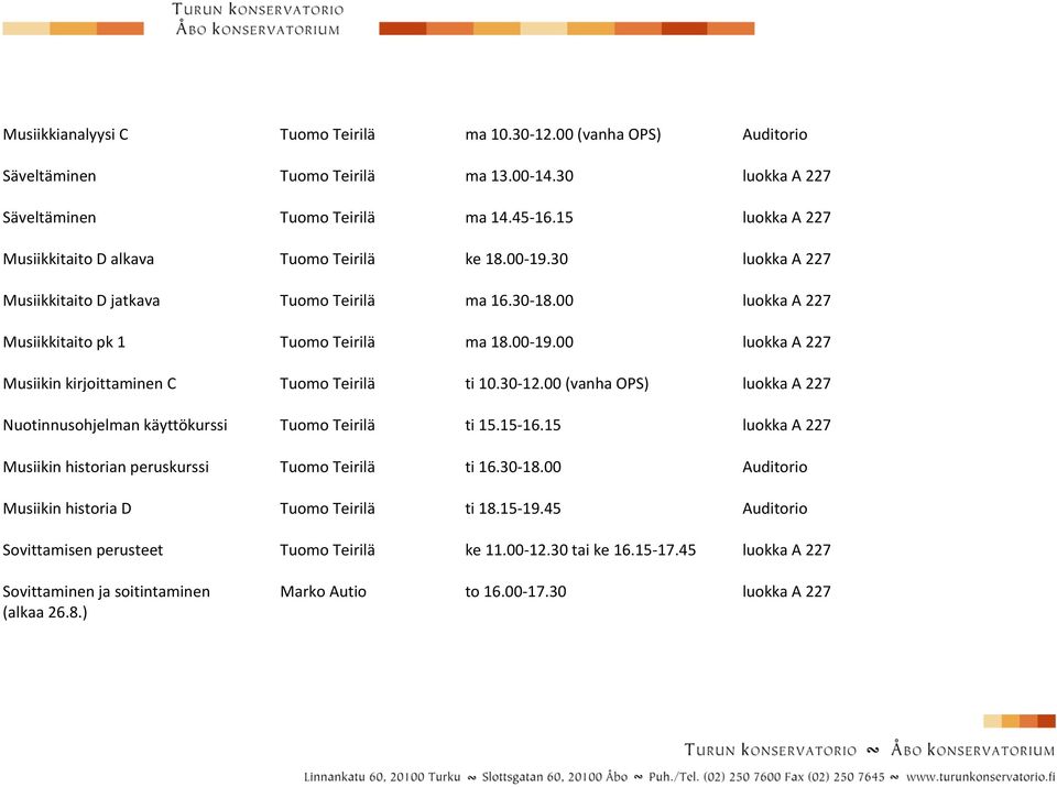 30-12.00 (vanha OPS) luokka A 227 Nuotinnusohjelman käyttökurssi Tuomo Teirilä ti 15.15-16.15 luokka A 227 Musiikin historian peruskurssi Tuomo Teirilä ti 16.30-18.