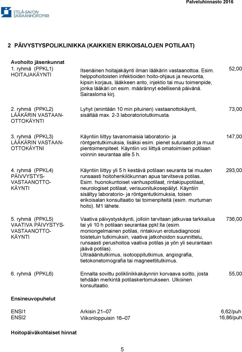 ryhmä (PPKL2) LÄÄKÄRIN VASTAAN- OTTOKÄYNTI Lyhyt (enintään 10 min pituinen) vastaanottokäynti, sisältää max. 2-3 laboratoriotutkimusta. 73,00 3.