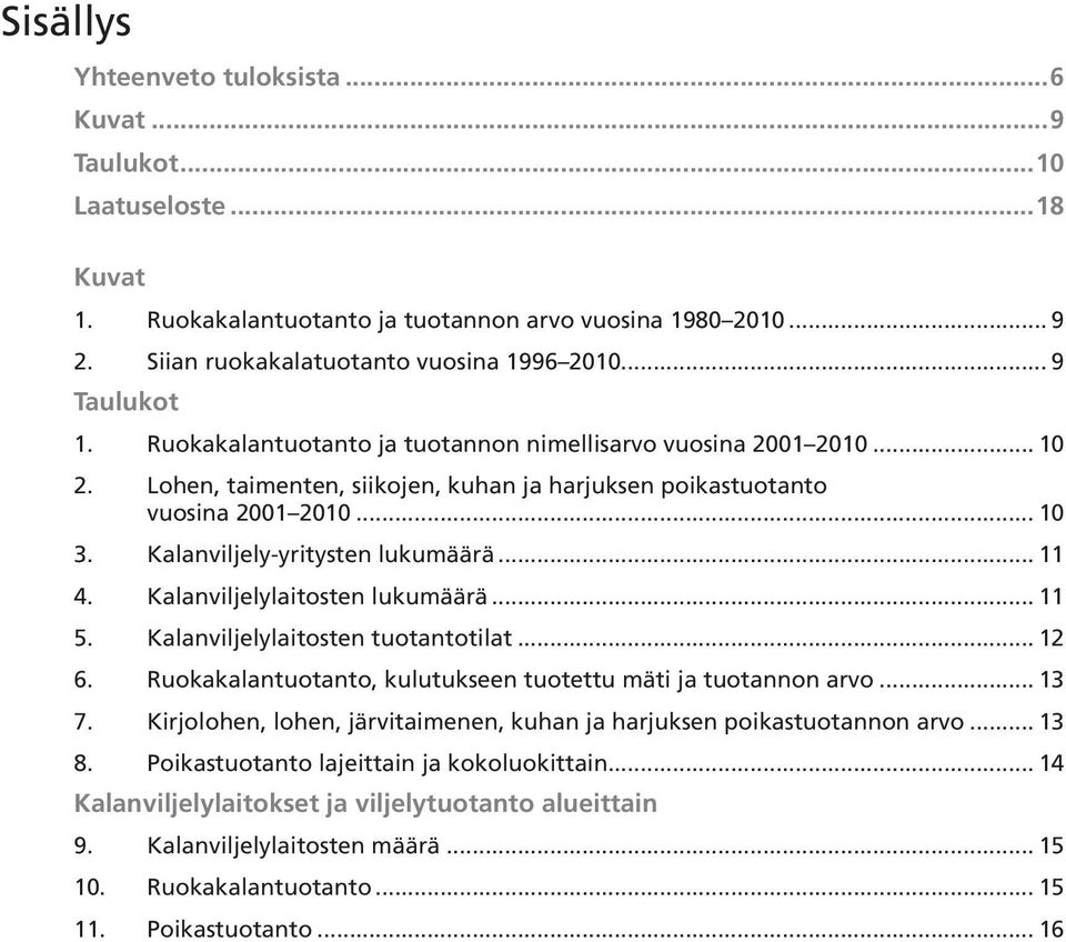 Kalanviljelylaitosten lukumäärä... 5. Kalanviljelylaitosten tuotantotilat... 2 6. Ruokakalantuotanto, kulutukseen tuotettu mäti ja tuotannon arvo... 3 7.