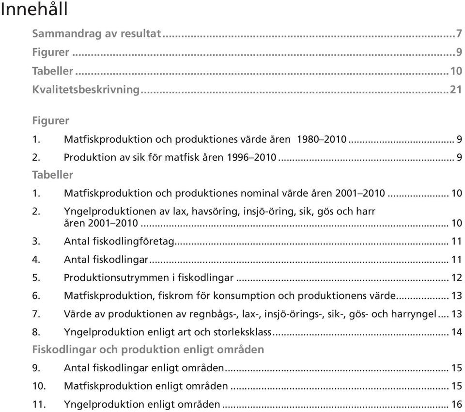 .. 4. Antal fiskodlingar... 5. Produktionsutrymmen i fiskodlingar... 2 6. Matfiskproduktion, fiskrom för konsumption och produktionens värde... 3 7.