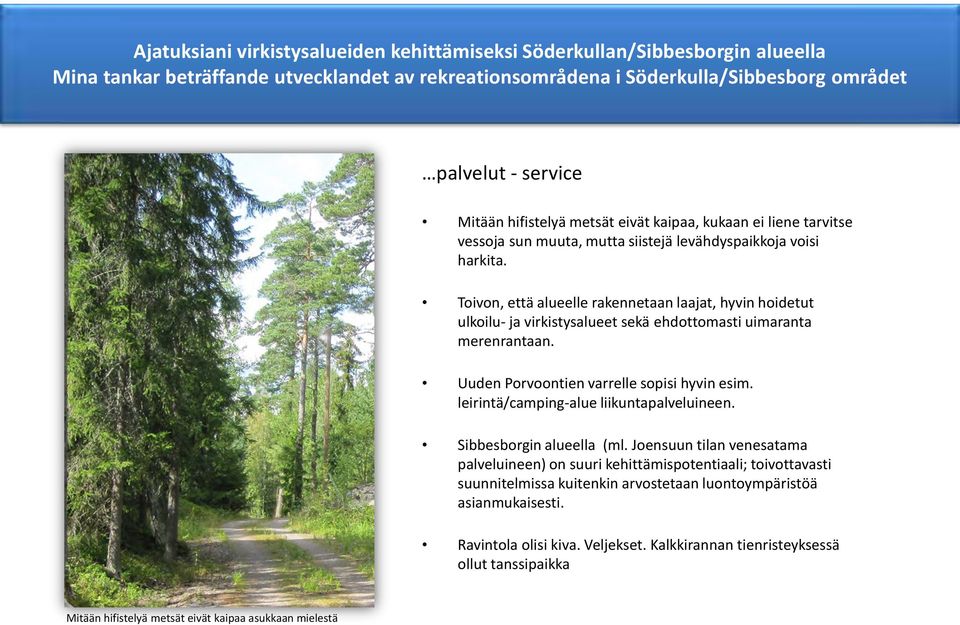 Toivon, että alueelle rakennetaan laajat, hyvin hoidetut ulkoilu- ja virkistysalueet sekä ehdottomasti uimaranta merenrantaan. Uuden Porvoontien varrelle sopisi hyvin esim.