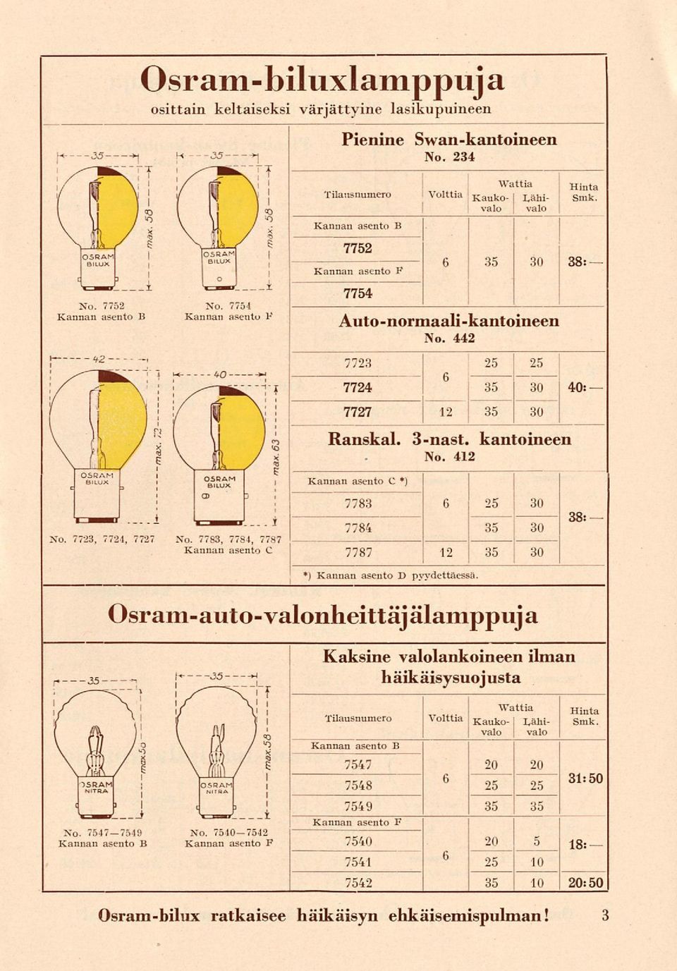 Ko 7783, 7784, 7787 Kannan asento C 7783 25 30 7784 35 30 7787 12 35 30 *) Kannan asento D pyydettäessä 38: Osram-auto-valonheittäjälamppuja No 75477549 Ko 75407542 Kannan asento B Kannan asento F