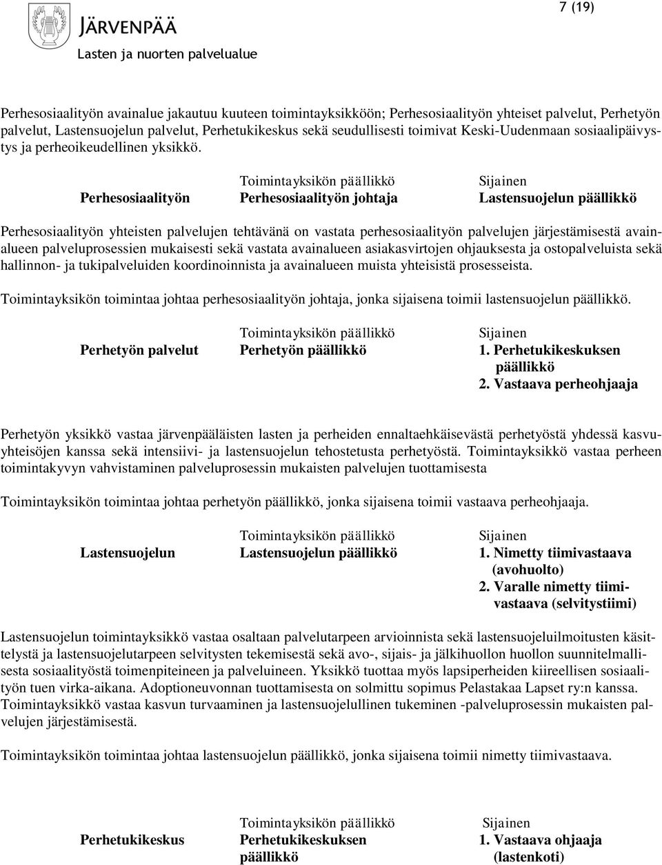 Toimintayksikön päällikkö Sijainen Perhesosiaalityön Perhesosiaalityön johtaja Lastensuojelun päällikkö Perhesosiaalityön yhteisten palvelujen tehtävänä on vastata perhesosiaalityön palvelujen