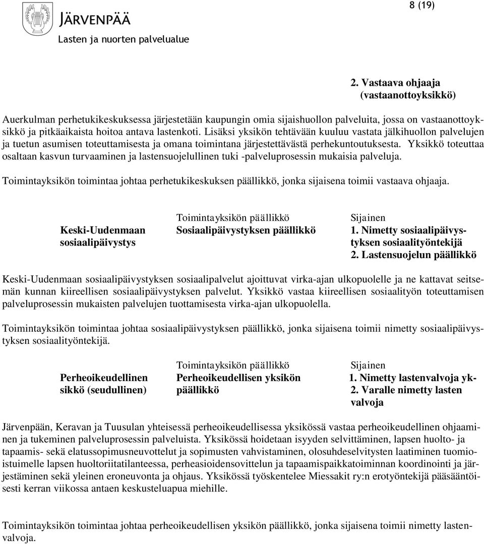 Lisäksi yksikön tehtävään kuuluu vastata jälkihuollon palvelujen ja tuetun asumisen toteuttamisesta ja omana toimintana järjestettävästä perhekuntoutuksesta.