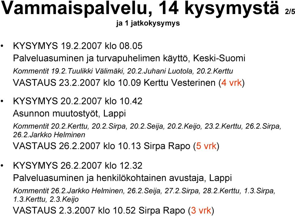 2.Kerttu, 26.2.Sirpa, 26.2.Jarkko Helminen VASTAUS 26.2.2007 klo 10.13 Sirpa Rapo (5 vrk) KYSYMYS 26.2.2007 klo 12.
