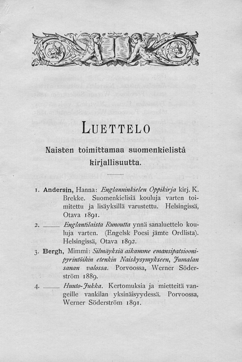Englantilaista Runoutta ynnä sanaluettelo kouluja varten. (Engelsk Poesi jämte Ordlista). Helsingissä, Otava 1892.