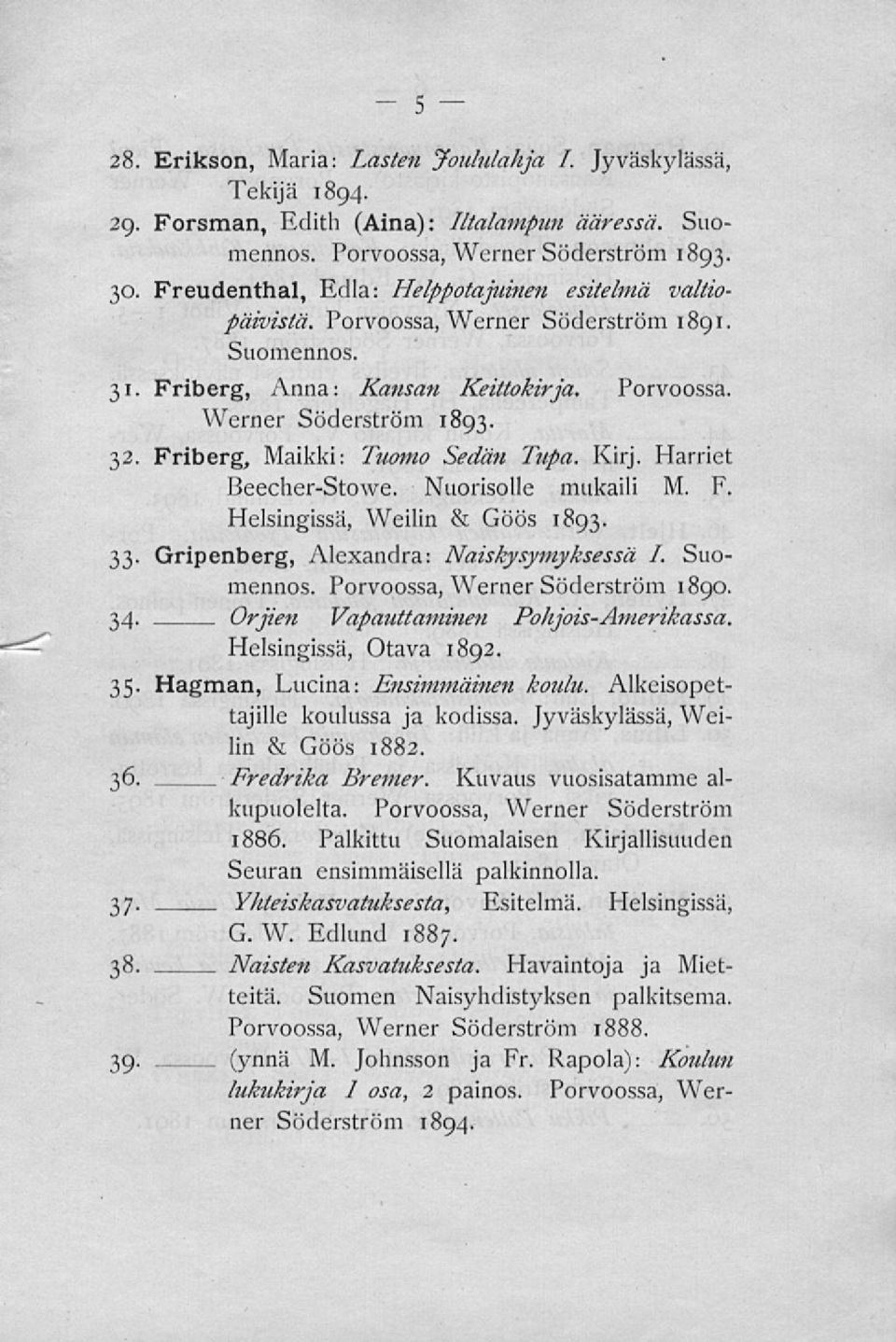 Friberg, Maikki: Tuomo Sedän Tupa. Kirj. Harriet Beecher-Stowe. Nuorisolle mukaili M. F, Helsingissä, Weilin & Göös 1893. Gripenberg, Alexandra: Naiskysymyksessä I. Suomennos.