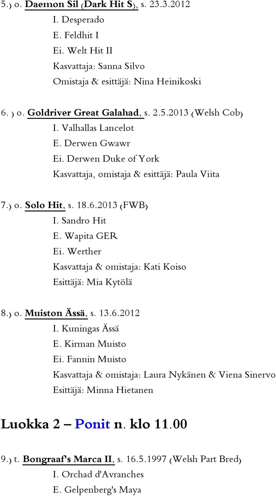 Wapita GER Ei. Werther Kasvattaja & omistaja: Kati Koiso Esittäjä: Mia Kytölä 8.) o. Muiston Ässä, s. 13.6.2012 I. Kuningas Ässä E. Kirman Muisto Ei.