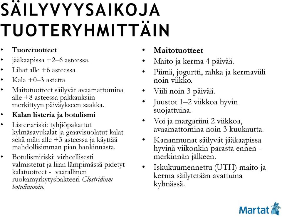 Kalan listeria ja botulismi Listeriariski: tyhjiöpakattut kylmäsavukalat ja graavisuolatut kalat sekä mäti alle +3 asteessa ja käyttää mahdollisimman pian hankinnasta.