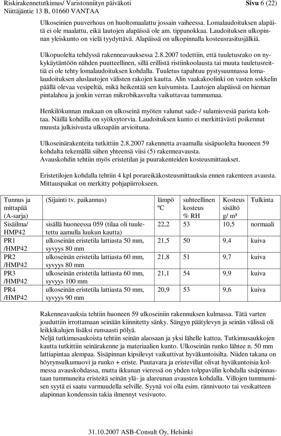 2007 todettiin, että tuuletusrako on nykykäytäntöön nähden puutteellinen, sillä erillistä ristiinkoolausta tai muuta tuuletusreittiä ei ole tehty lomalaudoituksen kohdalla.