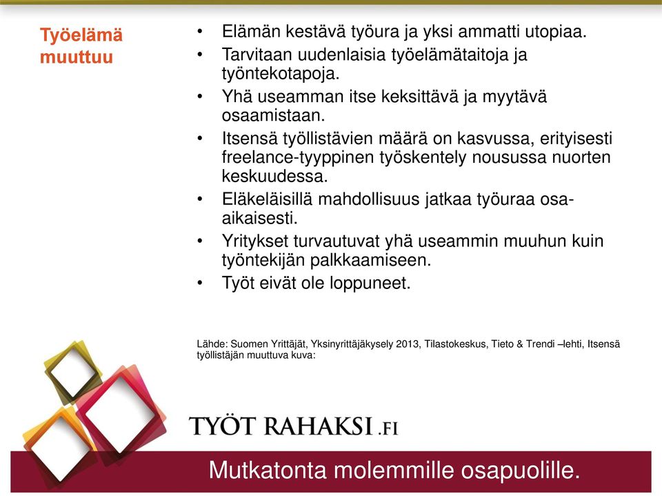 Itsensä työllistävien määrä on kasvussa, erityisesti freelance-tyyppinen työskentely nousussa nuorten keskuudessa.