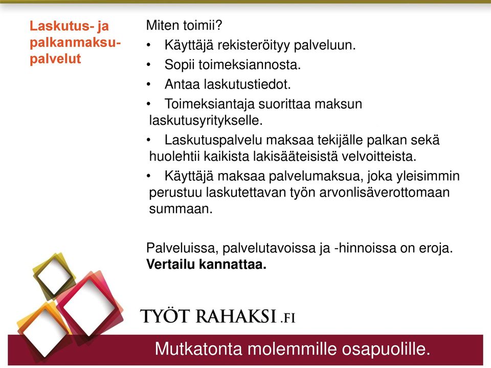 Laskutuspalvelu maksaa tekijälle palkan sekä huolehtii kaikista lakisääteisistä velvoitteista.