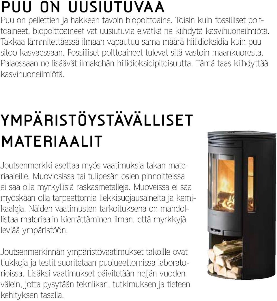 Palaessaan ne lisäävät ilmakehän hiilidioksidipitoisuutta. Tämä taas kiihdyttää kasvihuoneilmiötä. ympäristöystävälliset materiaalit Joutsenmerkki asettaa myös vaatimuksia takan materiaaleille.