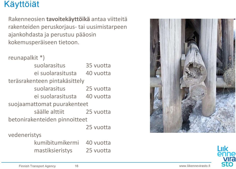 reunapalkit *) suolarasitus 35 vuotta ei suolarasitusta 40 vuotta teräsrakenteen pintakäsittely suolarasitus 25 vuotta ei