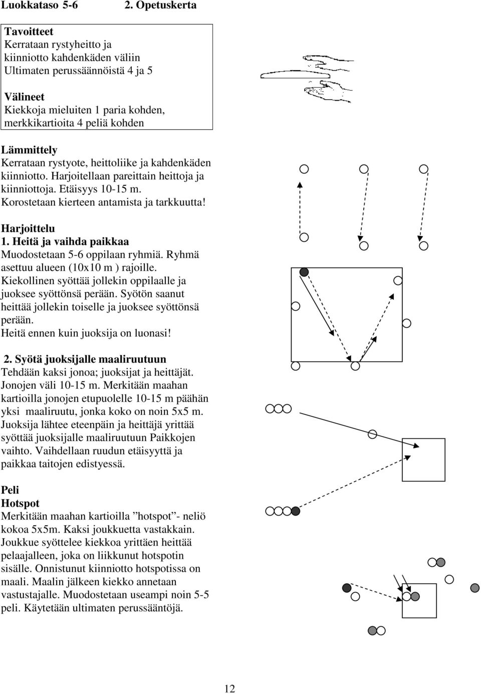 rystyote, heittoliike ja kahdenkäden kiinniotto. Harjoitellaan pareittain heittoja ja kiinniottoja. Etäisyys 10-15 m. Korostetaan kierteen antamista ja tarkkuutta! 1. Heitä ja vaihda paikkaa Muodostetaan 5-6 oppilaan ryhmiä.