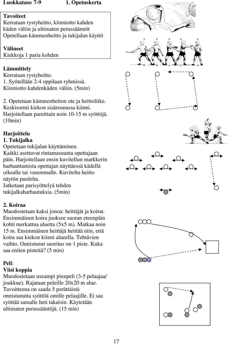 rystyheitto. 1. Syötellään 2-4 oppilaan ryhmissä. Kiinniotto kahdenkäden väliin. (5min) 2. Opetetaan kämmenheiton ote ja heittoliike. Keskisormi kiekon sisäreunassa kiinni.