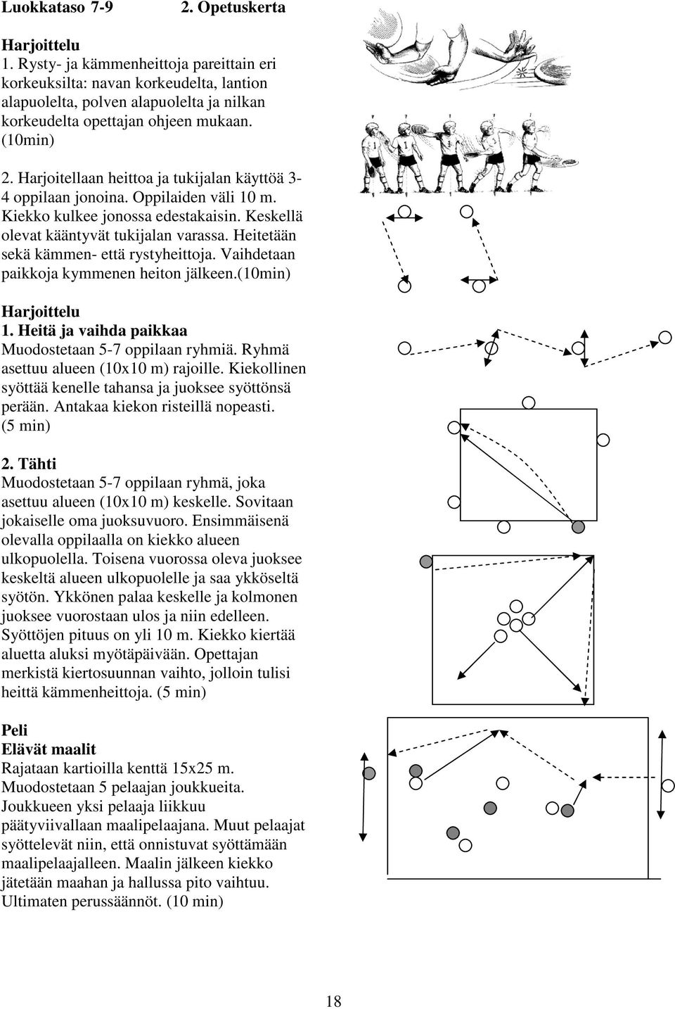 Heitetään sekä kämmen- että rystyheittoja. Vaihdetaan paikkoja kymmenen heiton jälkeen.(10min) 1. Heitä ja vaihda paikkaa Muodostetaan 5-7 oppilaan ryhmiä. Ryhmä asettuu alueen (10x10 m) rajoille.