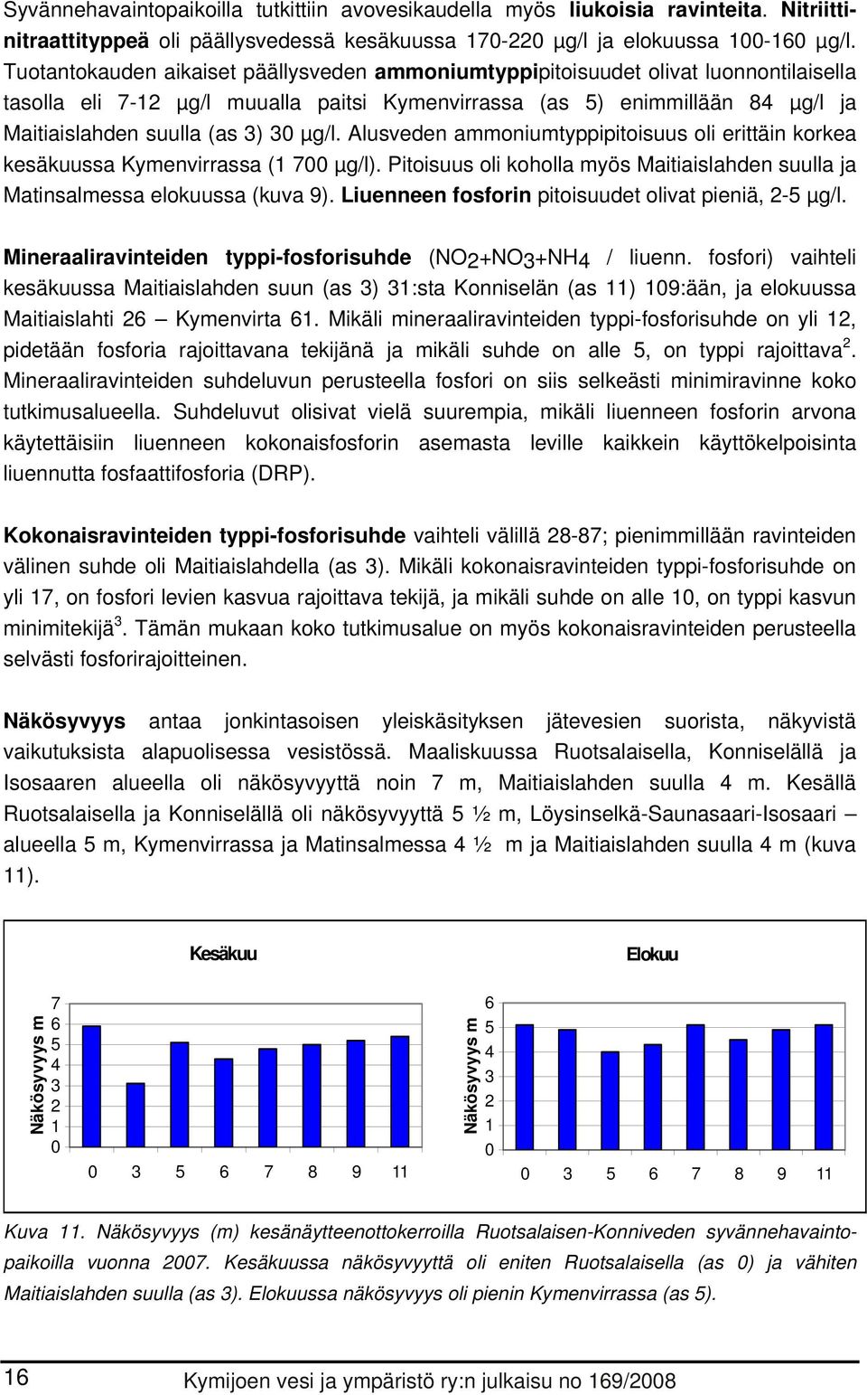 µg/l. Alusveden ammoniumtyppipitoisuus oli erittäin korkea kesäkuussa Kymenvirrassa (1 7 µg/l). Pitoisuus oli koholla myös Maitiaislahden suulla ja Matinsalmessa elokuussa (kuva 9).