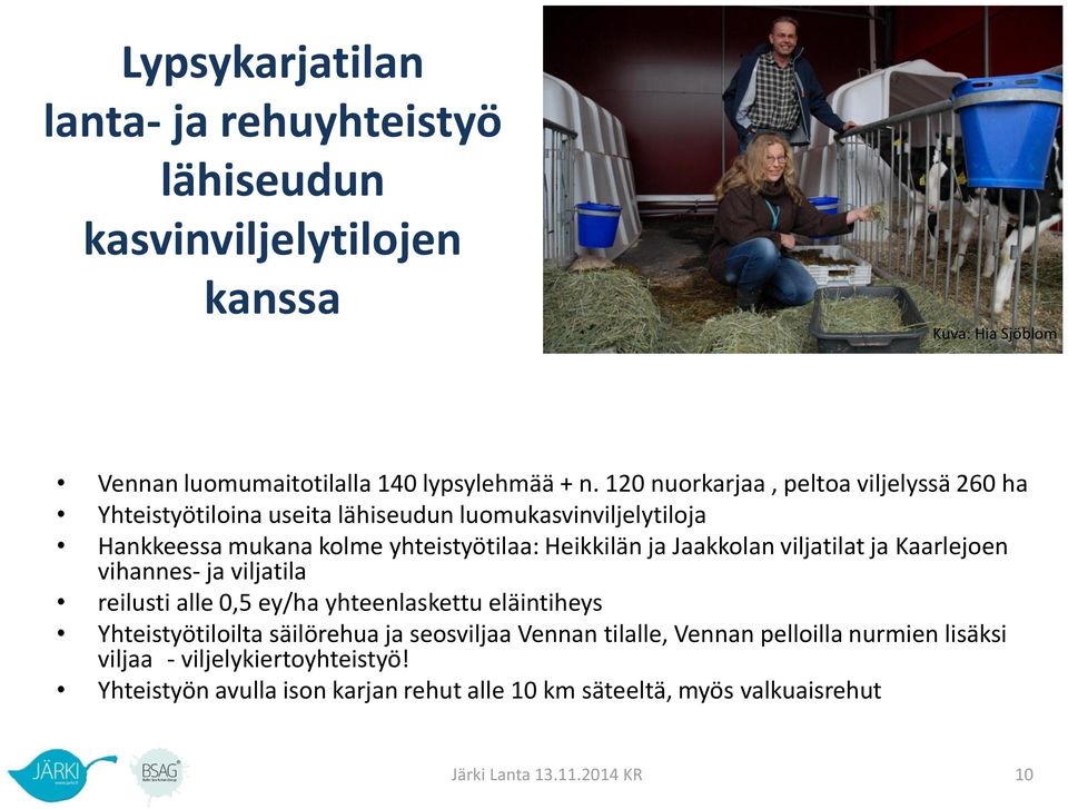 Jaakkolan viljatilat ja Kaarlejoen vihannes- ja viljatila reilusti alle 0,5 ey/ha yhteenlaskettu eläintiheys Yhteistyötiloilta säilörehua ja seosviljaa Vennan