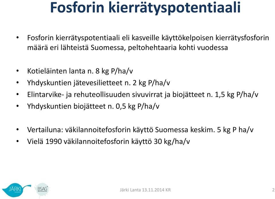 2 kg P/ha/v Elintarvike- ja rehuteollisuuden sivuvirrat ja biojätteet n. 1,5 kg P/ha/v Yhdyskuntien biojätteet n.