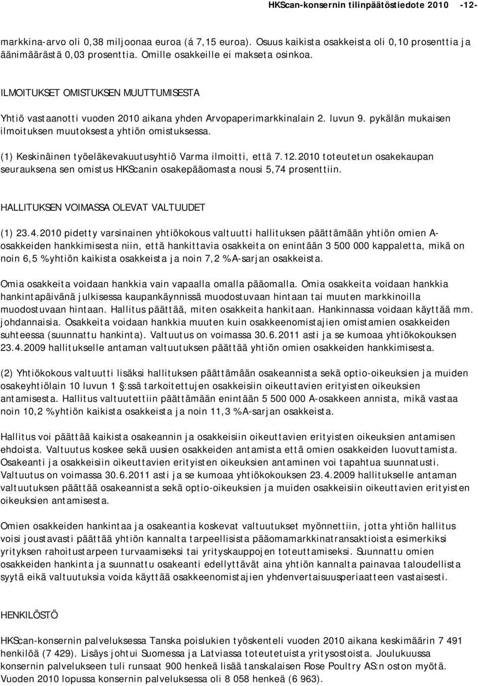 pykälän mukaisen ilmoituksen muutoksesta yhtiön omistuksessa. (1) Keskinäinen työeläkevakuutusyhtiö Varma ilmoitti, että 7.12.