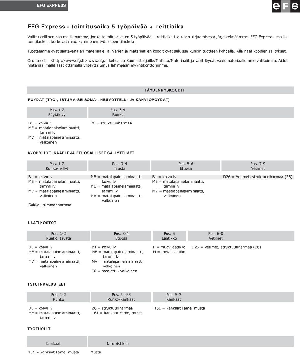 Alla näet koodien selitykset. Osoitteesta <http://www.efg.fi> www.efg.fi kohdasta Suunnittelijoille/Mallisto/Materiaalit ja värit löydät vakiomateriaaliemme valikoiman.