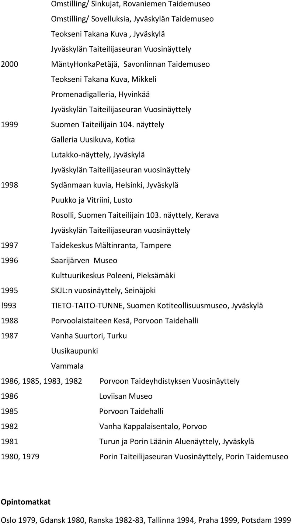 näyttely Galleria Uusikuva, Kotka Lutakko-näyttely, Jyväskylä 1998 Sydänmaan kuvia, Helsinki, Jyväskylä Puukko ja Vitriini, Lusto Rosolli, Suomen Taiteilijain 103.