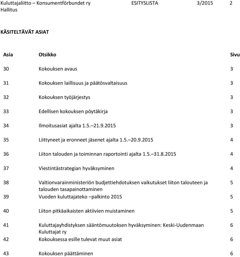 2015 4 37 Viestintästrategian hyväksyminen 4 38 Valtionvarainministeriön budjettiehdotuksen vaikutukset liiton talouteen ja 5 talouden tasapainottaminen 39 Vuoden kuluttajateko palkinto 2015 5 40