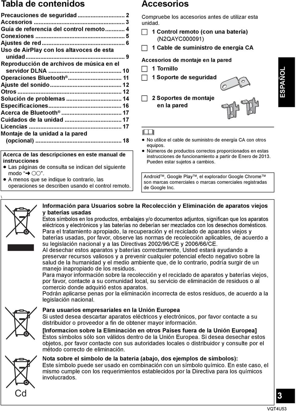.. 17 Cuidados de la unidad... 17 Licencias... 17 Montaje de la unidad a la pared (opcional).