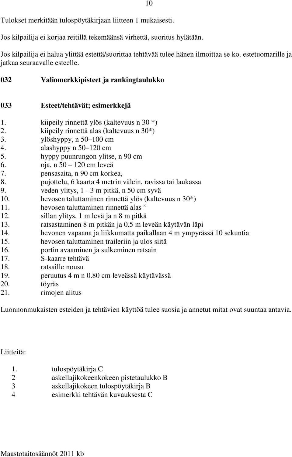 032 Valiomerkkipisteet ja rankingtaulukko 033 Esteet/tehtävät; esimerkkejä 1. kiipeily rinnettä ylös (kaltevuus n 30 *) 2. kiipeily rinnettä alas (kaltevuus n 30*) 3. ylöshyppy, n 50 100 cm 4.