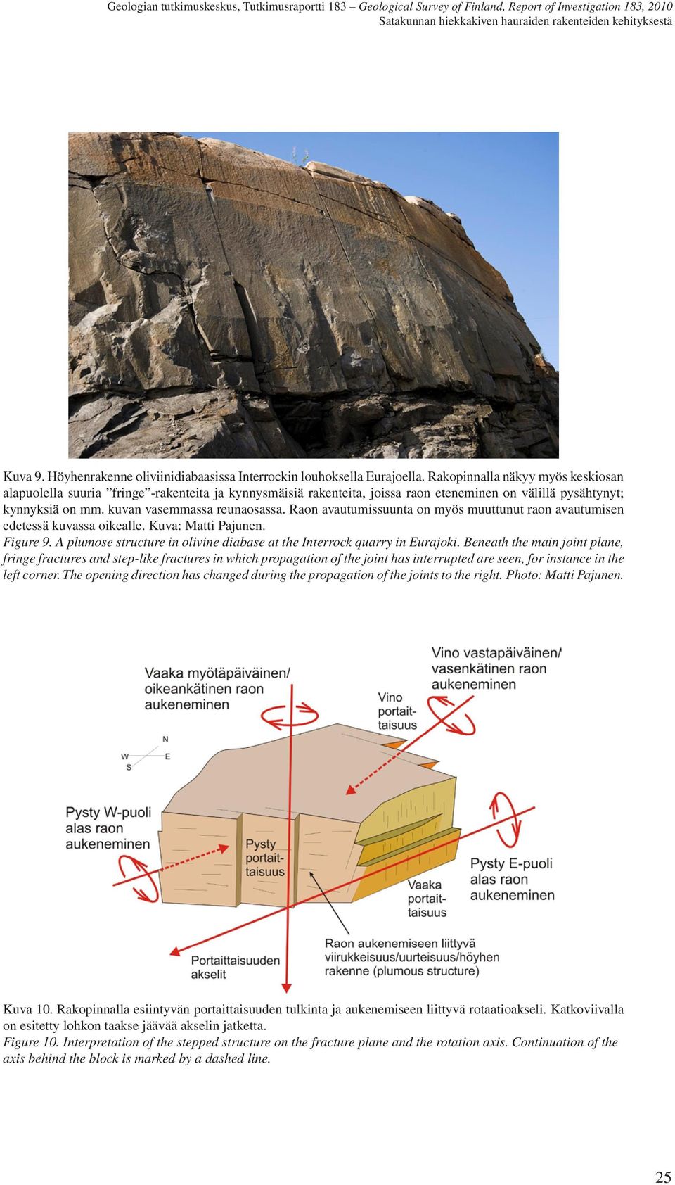 Raon avautumissuunta on myös muuttunut raon avautumisen edetessä kuvassa oikealle. Kuva: Matti Pajunen. Figure 9. A plumose structure in olivine diabase at the Interrock quarry in Eurajoki.
