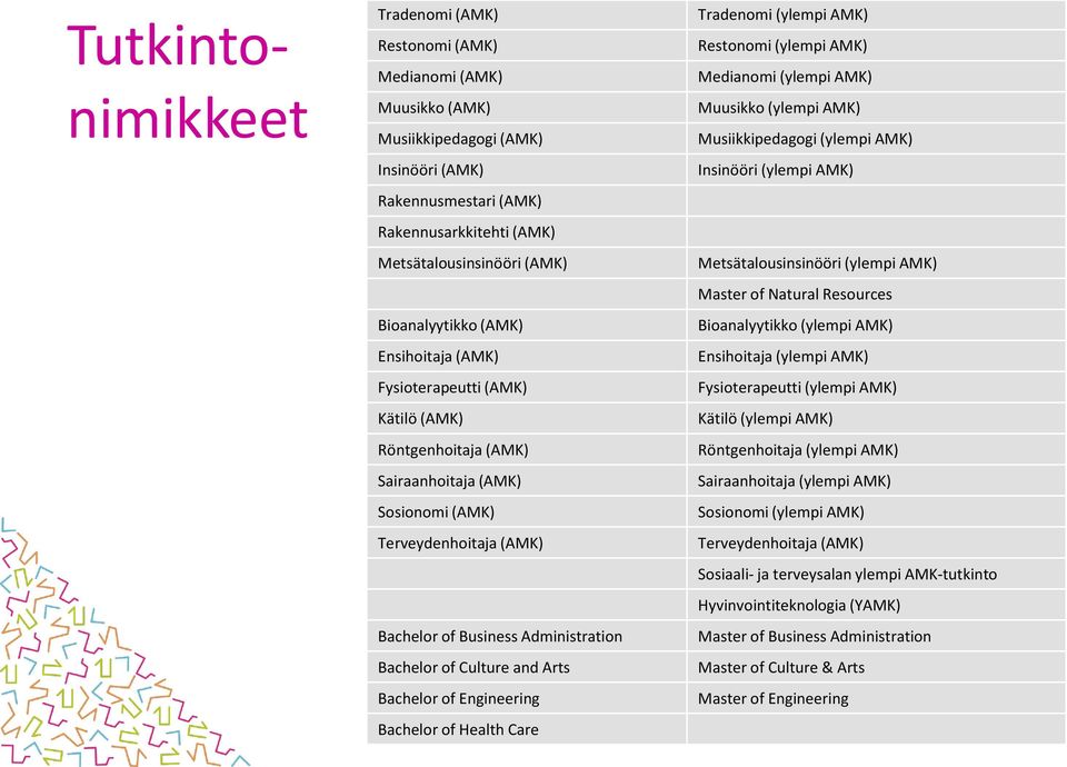 of Culture and Arts Bachelor of Engineering Bachelor of Health Care Tradenomi (ylempi AMK) Restonomi (ylempi AMK) Medianomi (ylempi AMK) Muusikko (ylempi AMK) Musiikkipedagogi (ylempi AMK) Insinööri