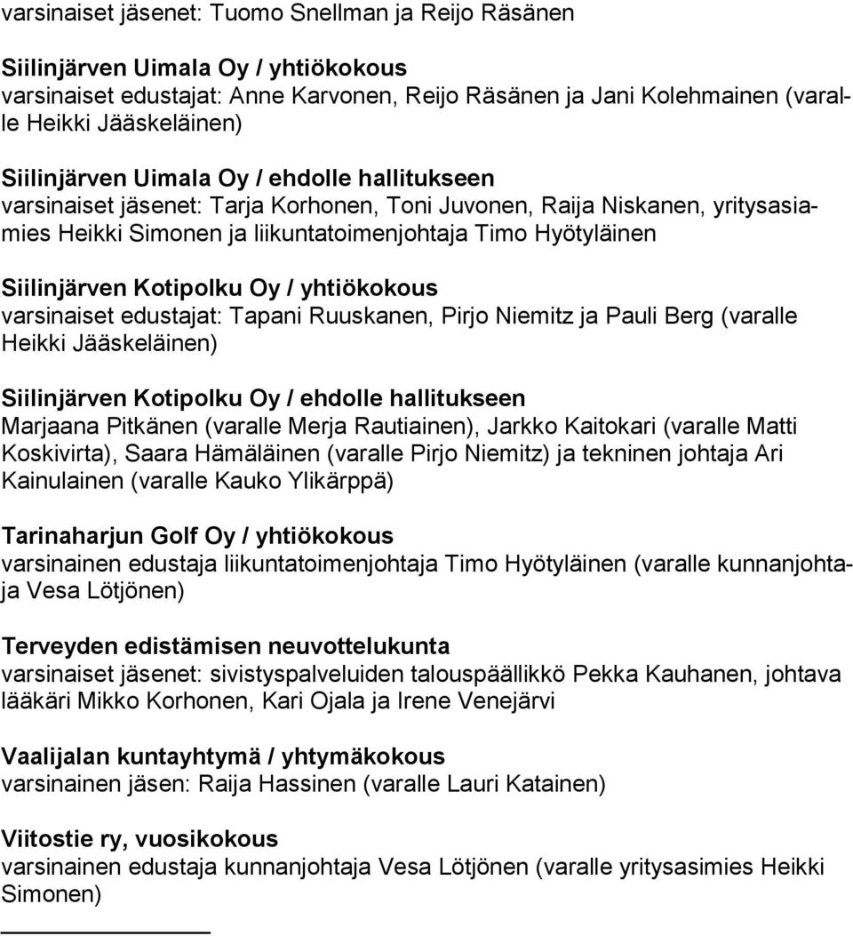 Kotipolku Oy / yhtiökokous varsinaiset edustajat: Tapani Ruuskanen, Pirjo Niemitz ja Pauli Berg (varalle Heik ki Jääskeläinen) Siilinjärven Kotipolku Oy / ehdolle hallitukseen Marjaana Pitkänen