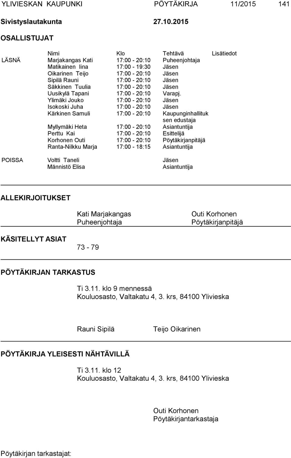 Säkkinen Tuulia 17:00-20:10 Jäsen Uusikylä Tapani 17:00-20:10 Varapj.