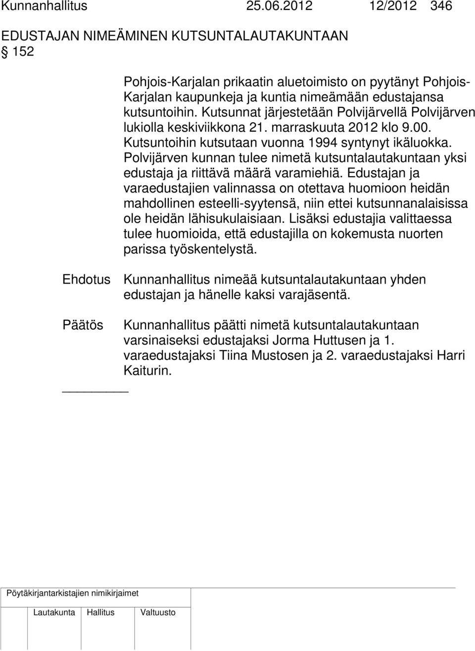 Kutsunnat järjestetään Polvijärvellä Polvijärven lukiolla keskiviikkona 21. marraskuuta 2012 klo 9.00. Kutsuntoihin kutsutaan vuonna 1994 syntynyt ikäluokka.
