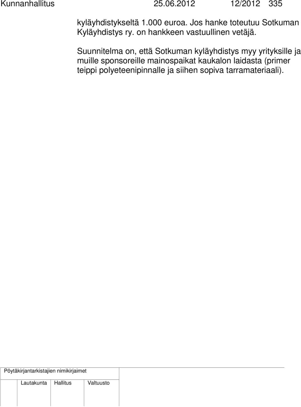 Suunnitelma on, että Sotkuman kyläyhdistys myy yrityksille ja muille sponsoreille