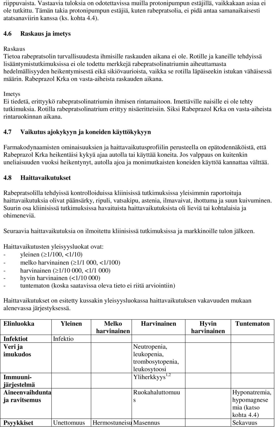 4). 4.6 Raskaus ja imetys Raskaus Tietoa rabepratsolin turvallisuudesta ihmisille raskauden aikana ei ole.