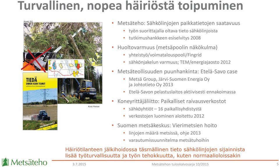 Energia Oy ja Johtotieto Oy 2013 Etelä-Savon pelastuslaitos aktiivisesti ennakoimassa Koneyrittäjäliitto: Paikalliset raivausverkostot sähköyhtiöt 16 paikallisyhdistystä verkostojen luominen