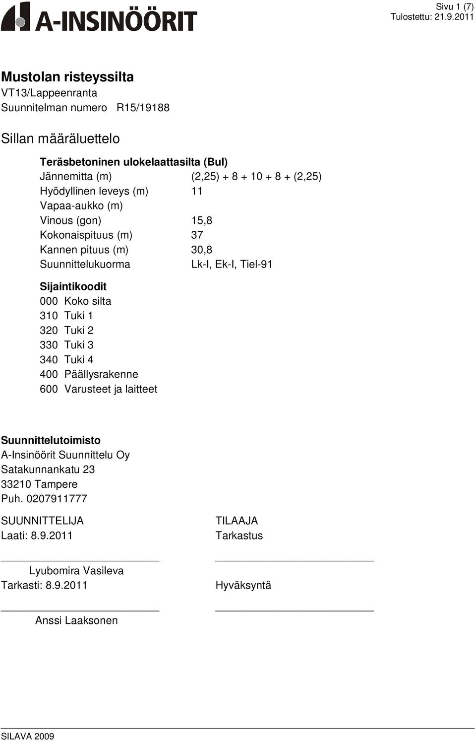 Sijaintikoodit 000 Koko silta 310 Tuki 1 320 Tuki 2 330 Tuki 3 340 Tuki 4 400 Päällysrakenne 600 Varusteet ja laitteet Suunnittelutoimisto A-Insinöörit