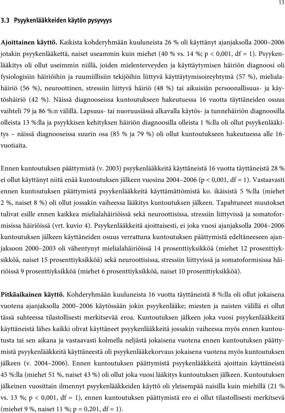 Psyykenlääkitys oli ollut useimmin niillä, joiden mielenterveyden ja käyttäytymisen häiriön diagnoosi oli fysiologisiin häiriöihin ja ruumiillisiin tekijöihin liittyvä käyttäytymisoireyhtymä (7 %),