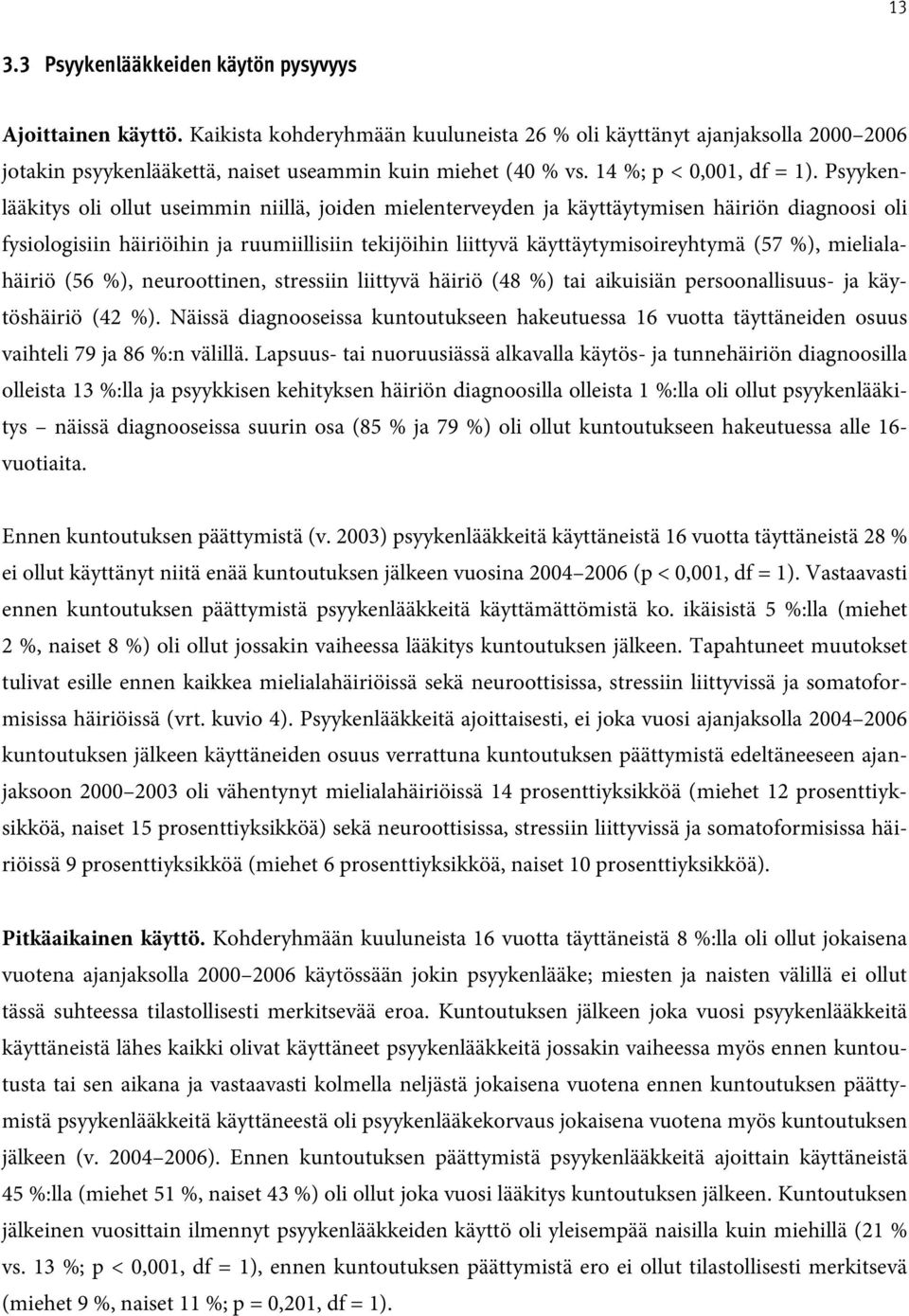 Psyykenlääkitys oli ollut useimmin niillä, joiden mielenterveyden ja käyttäytymisen häiriön diagnoosi oli fysiologisiin häiriöihin ja ruumiillisiin tekijöihin liittyvä käyttäytymisoireyhtymä (7 %),