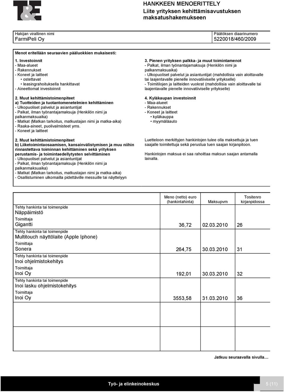 Investoinnit ostettavat leasingrahoituksella hankittavat - Aineettomat investoinnit a) Tuotteiden ja tuotantomenetelmien kehittäminen - Ulkopuoliset palvelut ja asiantuntijat - Palkat, ilman