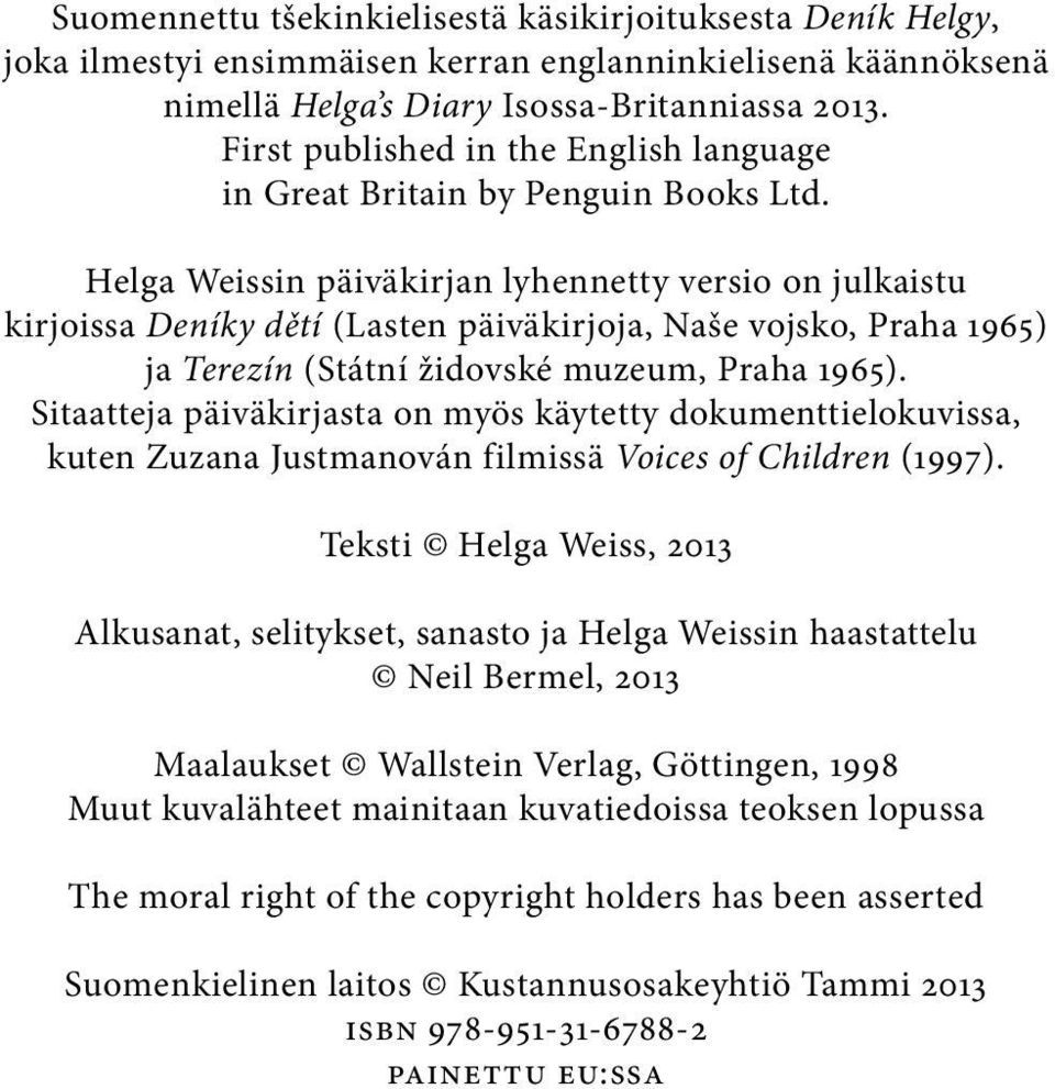 Helga Weissin päiväkirjan lyhennetty versio on julkaistu kirjoissa Deníky dětí (Lasten päiväkirjoja, Naše vojsko, Praha 1965) ja Terezín (Státní židovské muzeum, Praha 1965).