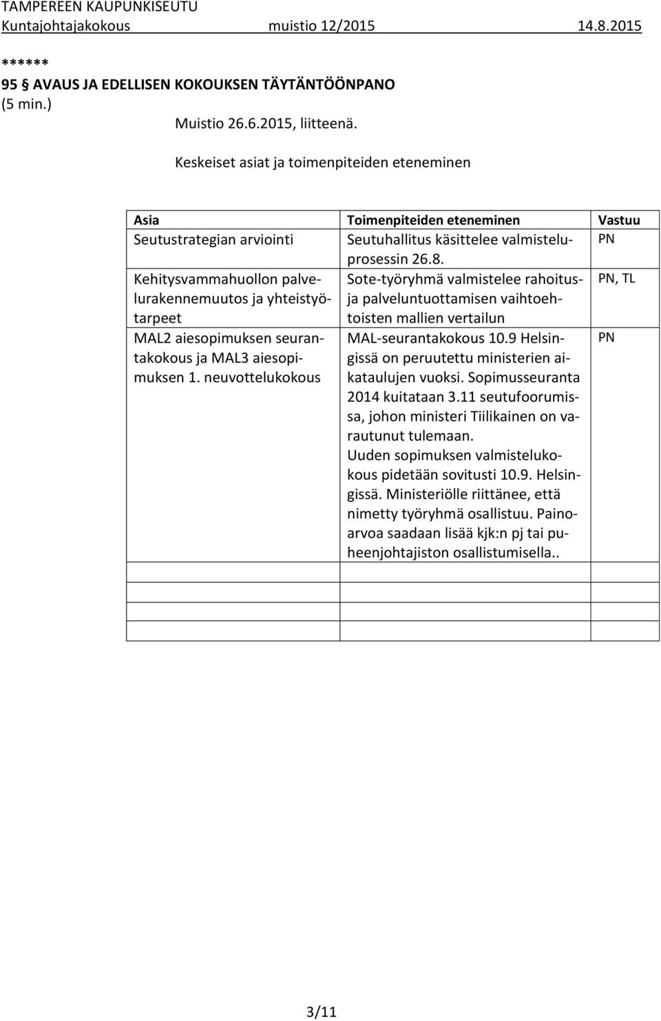 Kehitysvammahuollon palvelurakennemuutos ja yhteistyötarpeet Sote-työryhmä valmistelee rahoitusja palveluntuottamisen vaihtoehtoisten mallien vertailun PN, TL MAL2 aiesopimuksen seurantakokous ja