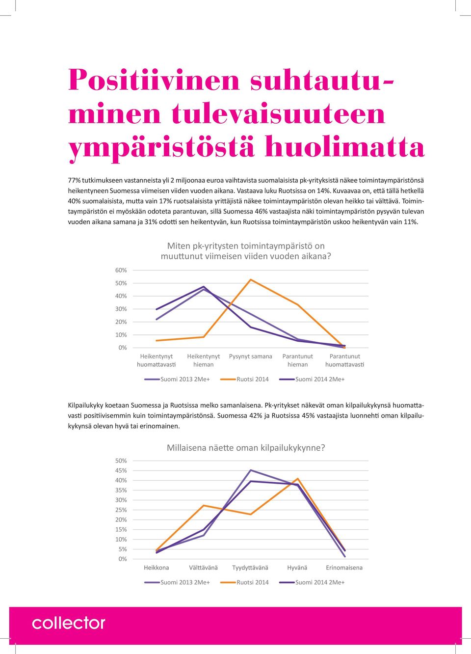 Kuvaavaa on, että tällä hetkellä suomalaisista, mutta vain 17% ruotsalaisista yrittäjistä näkee toimintaympäristön olevan heikko tai välttävä.