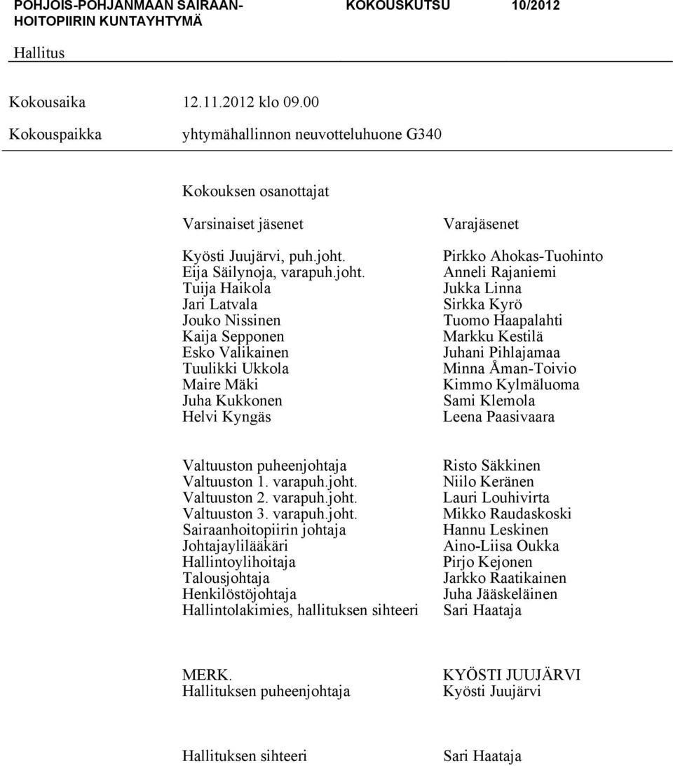 Tuija Haikola Jari Latvala Jouko Nissinen Kaija Sepponen Esko Valikainen Tuulikki Ukkola Maire Mäki Juha Kukkonen Helvi Kyngäs Varajäsenet Pirkko Ahokas-Tuohinto Anneli Rajaniemi Jukka Linna Sirkka