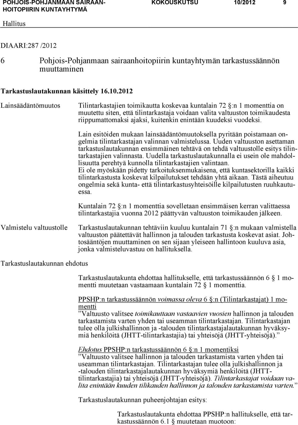 2012 Lainsäädäntömuutos Tilintarkastajien toimikautta koskevaa kuntalain 72 :n 1 momenttia on muutettu siten, että tilintarkastaja voidaan valita valtuuston toimikaudesta riippumattomaksi ajaksi,