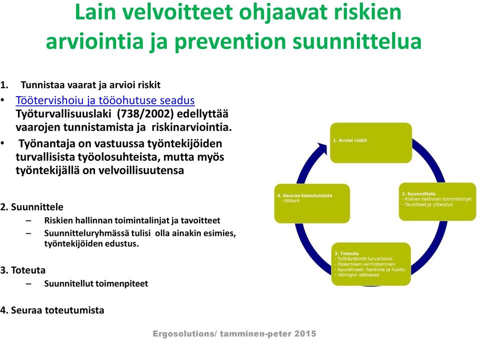 riskinarviointia. Työnantaja on vastuussa työntekijöiden turvallisista työolosuhteista, mutta myös työntekijällä on velvoillisuutensa 2.