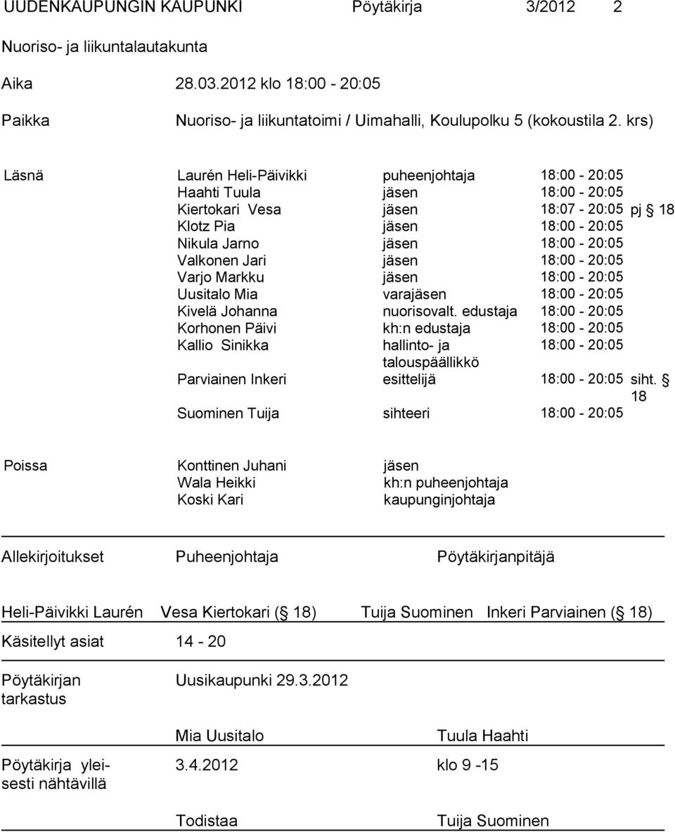 Jari jäsen 18:00-20:05 Varjo Markku jäsen 18:00-20:05 Uusitalo Mia varajäsen 18:00-20:05 Kivelä Johanna nuorisovalt.