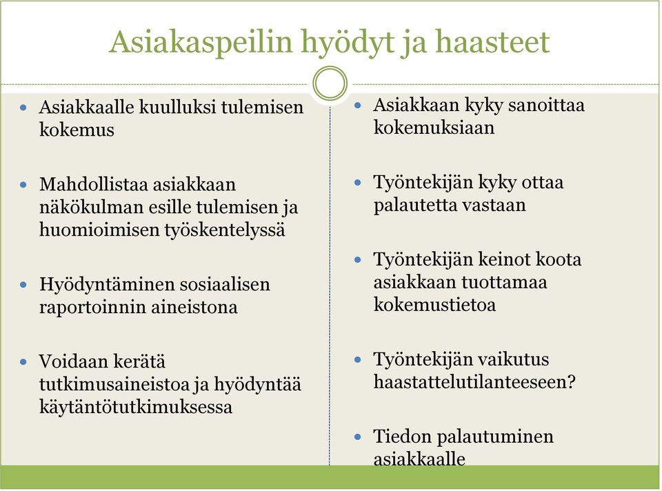 tutkimusaineistoa ja hyödyntää käytäntötutkimuksessa Asiakkaan kyky sanoittaa kokemuksiaan Työntekijän kyky ottaa